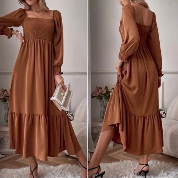 Boho Puff Sleeve Ruffle Maxi Dress Rust Brown - Picture 2 of 3